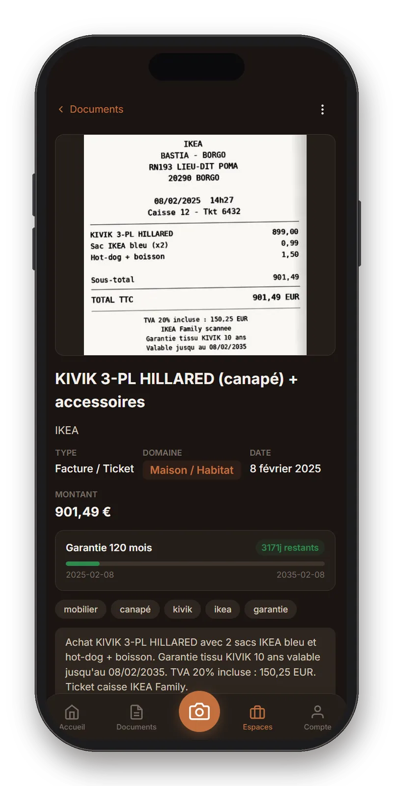 App ScanBuddy : la fiche garantie d'un canapé avec la durée de garantie restante