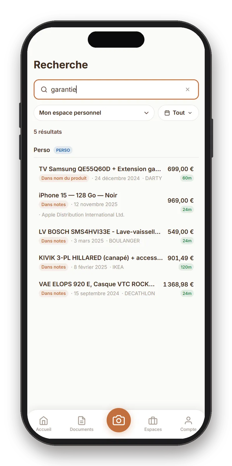 App ScanBuddy : la recherche d'un achat dans l'espace perso